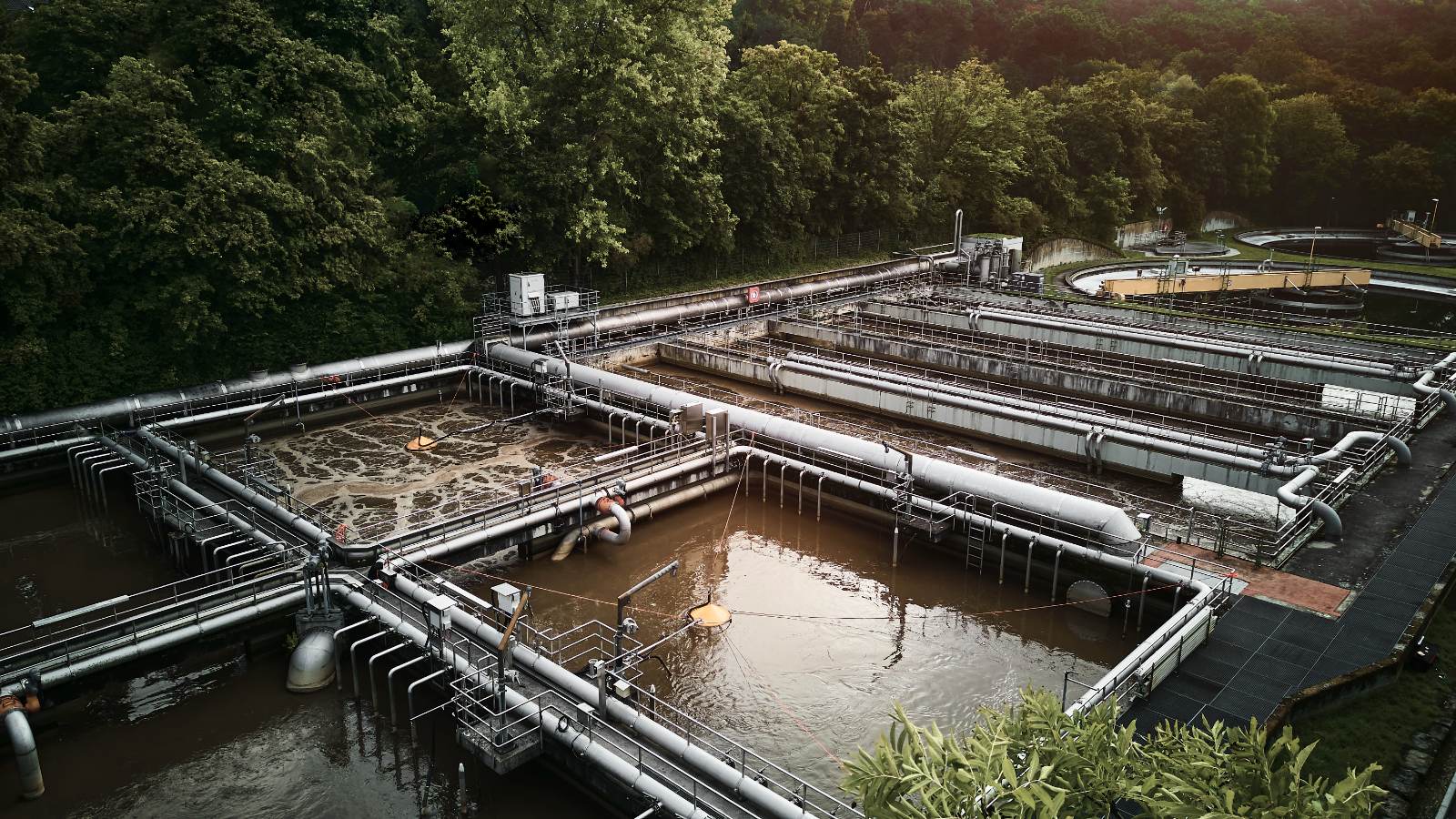 Aerial view of the aeration basins in the biological treatment stage of a wastewater treatment plant