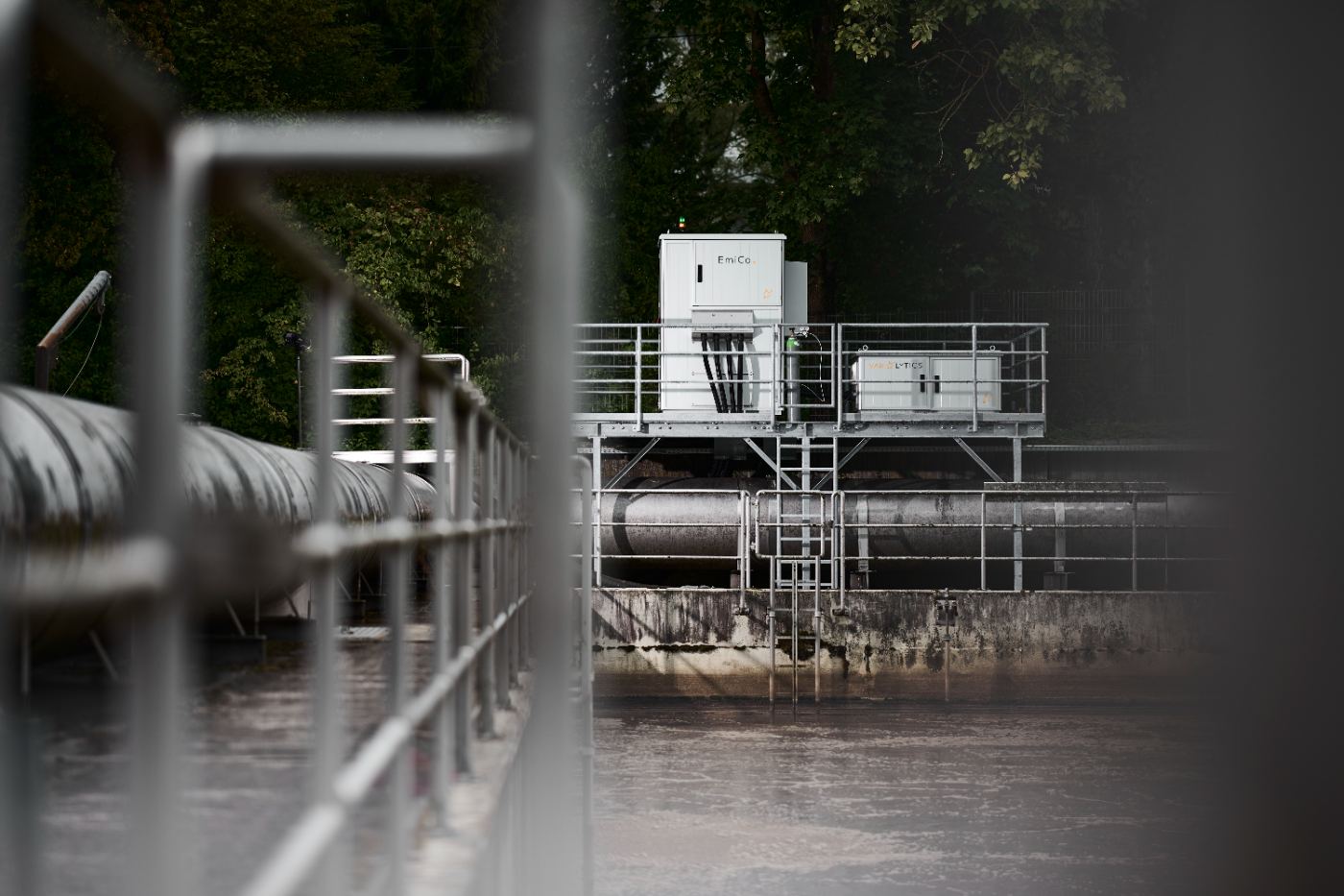 EmiCo lite off-gas analyser installed on a platform above the aeration tank of a wastewater treatment plant